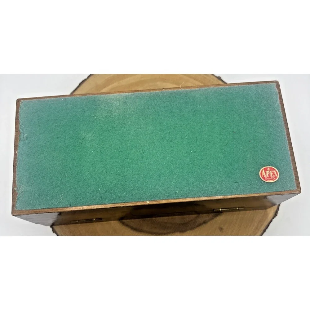 Vintage Apex Wood Jewelry Box Faux Leather Red Velvet Interior Japan 11”x5”3.75”